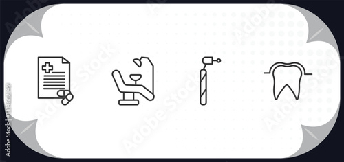 outline icons set - dentist concept. medical prescription, dentist chair, dentists drill tool, sealants.