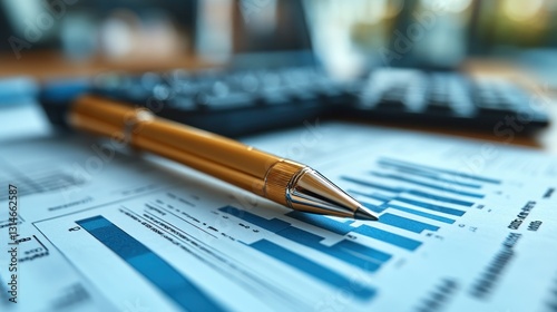 Financial Analysis: Gold Pen on Business Charts and Graphs