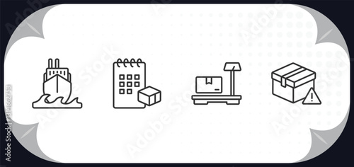 outline icons set - delivery and logistic concept. ocean transportation, delivery schedule, delivery weighing, delay.