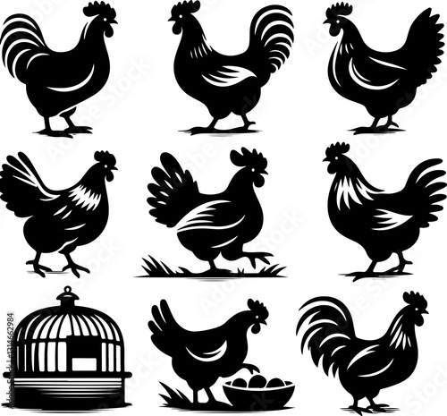 Hen silhouettes vector set. Chicken farm illustration