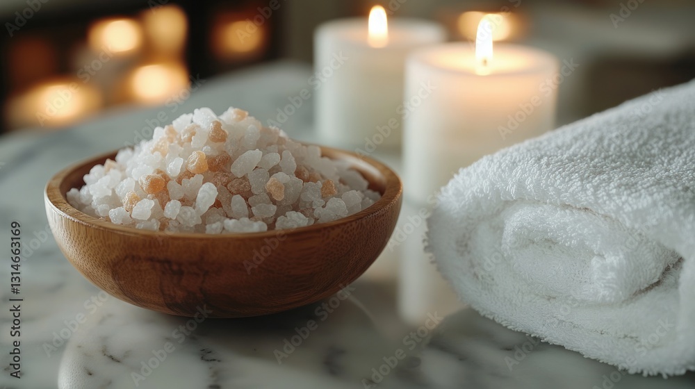 Serene Spa Setting: Himalayan Salt, Candles, and Soft Towel Serene Spa Setting: Himalayan Salt, Candles, and Soft Towel