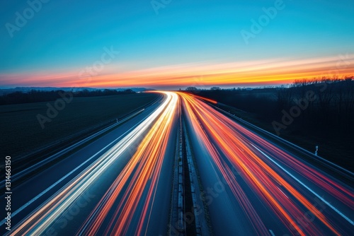 Dynamic Highway at Dusk with Vibrant Light Trails Capturing the Essence of Modern Transportation and Travel in a Serene Setting