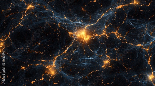 Abstract Luminous Background with Scattered Particles in Dark Space Featuring a Cosmic Network and Glowing Highlights
