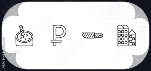 outline icons set - culture concept. crema catalana, ruble, knife in sheath, bo kaap.
