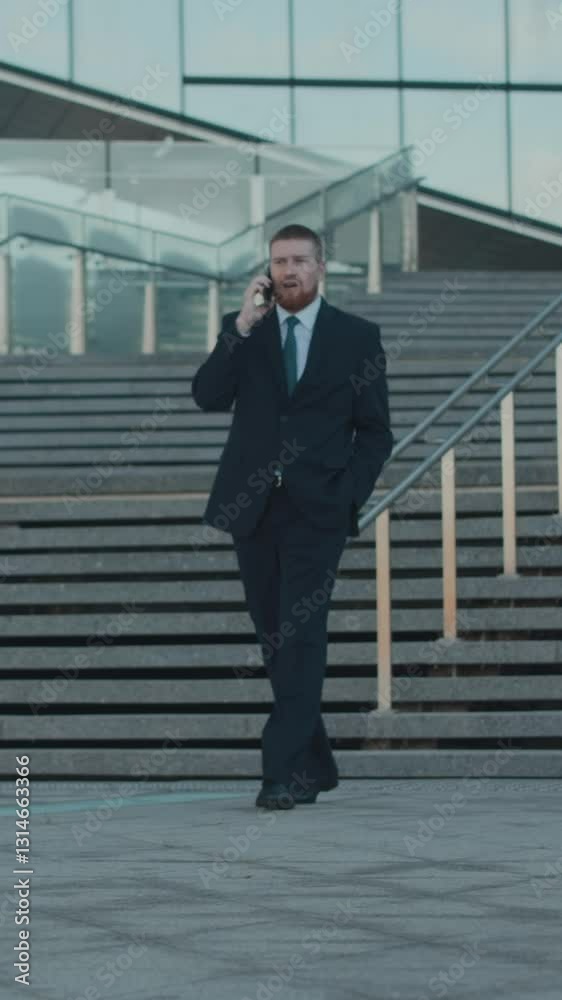 Vertical shot of young male CEO in business suit walking in down town, while having important business call Vertical shot of young male CEO in business suit walking in down town, while having important business call