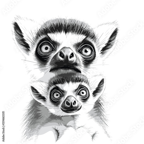 Mother lemur and baby together, affectionate and playful, black and white illustration, copy space