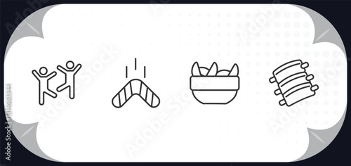 outline icons set - culture concept. capoeira brazil dancers, australian boomerang, sweet and sour pork, pork ribs.