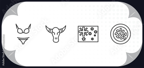 outline icons set - culture concept. female bikini piece, skull of a bull, australian flag, fabada.
