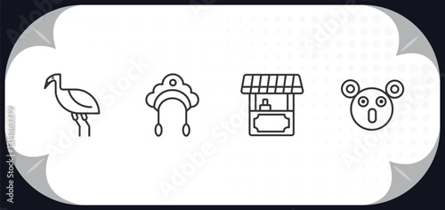 outline icons set - culture concept. australian emu, kokoshnik, food stall, australian koala.