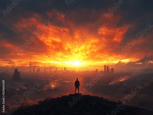 Lone figure gazes into the sunset over a fiery, desolate city skyline, evoking a sense of despair and hope intertwined. Generative AI