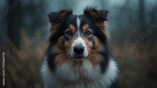Portrait of a fluffy collie-type working dog showcasing the head and shoulders.