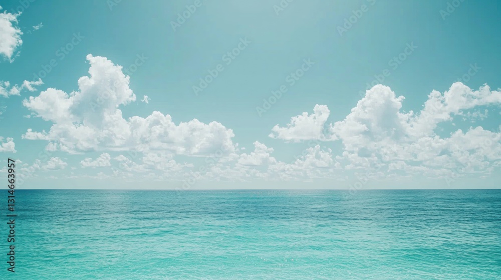 Obraz premium Tranquil ocean view, placid sea, fluffy clouds, azure sky