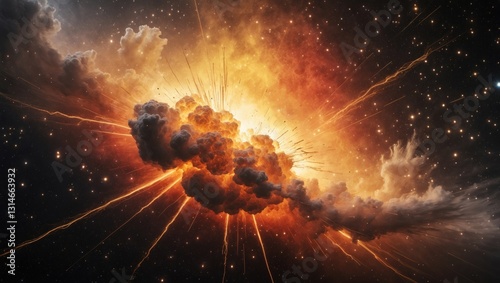 Enormous, intensely hot explosion featuring sparks and hot smoke, set against a black background.