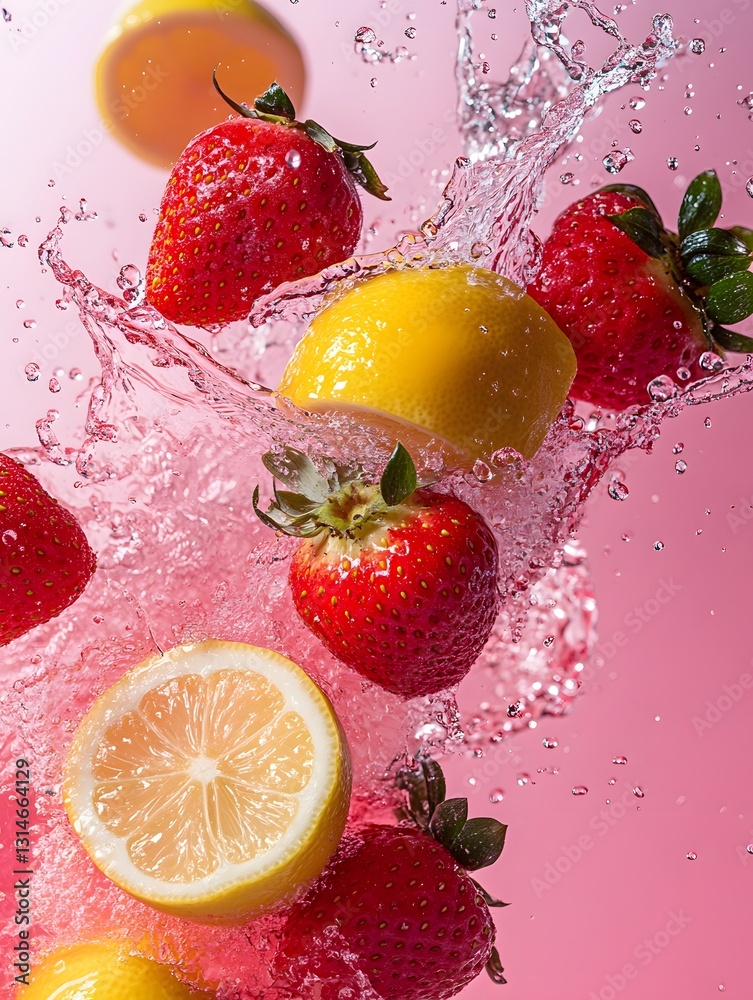 Vibrant Strawberries and Lemons Splashing in Pink Water Vibrant Strawberries and Lemons Splashing in Pink Water