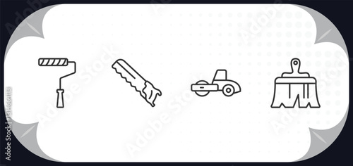 outline icons set - construction tools concept. painter roller, carpenter saw, road roller, builder brush.