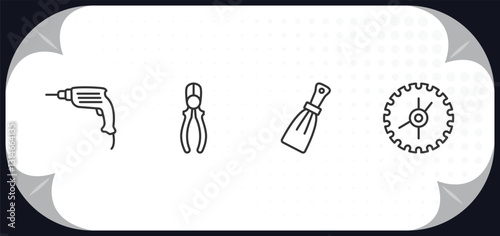 outline icons set - construction tools concept. hand drill, repair pliers, scratcher tool, blade saw.