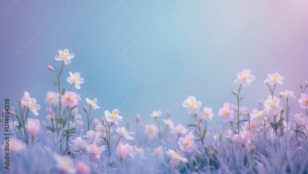 Obraz premium Spring forest with white primroses set against a beautiful gentle light blue background. Macro photography. Floral desktop wallpaper and postcard. Romantic soft gentle artistic image, with free spa...