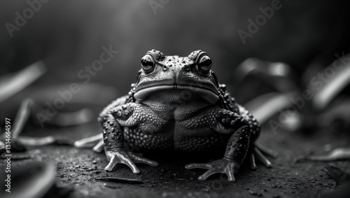 Black and white image of a portrait featuring a toad.