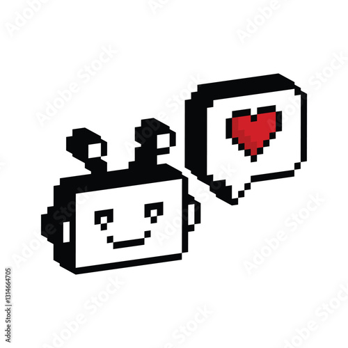 isometric chatbot icon with chat bubble heart 8 bit, pixel art bot icon  for game  logo. 