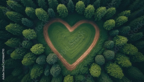 Aerial view of a forest clearing taken from a drone. Top shot, heart shaped meadow.