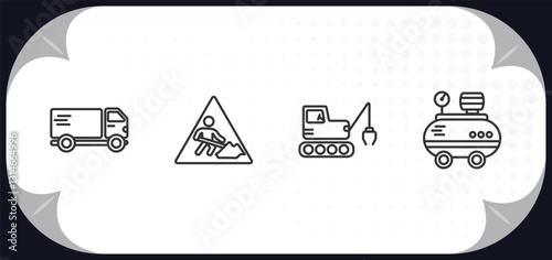 outline icons set - construction concept. truck with freight, working, derrick with tong, air compressor.