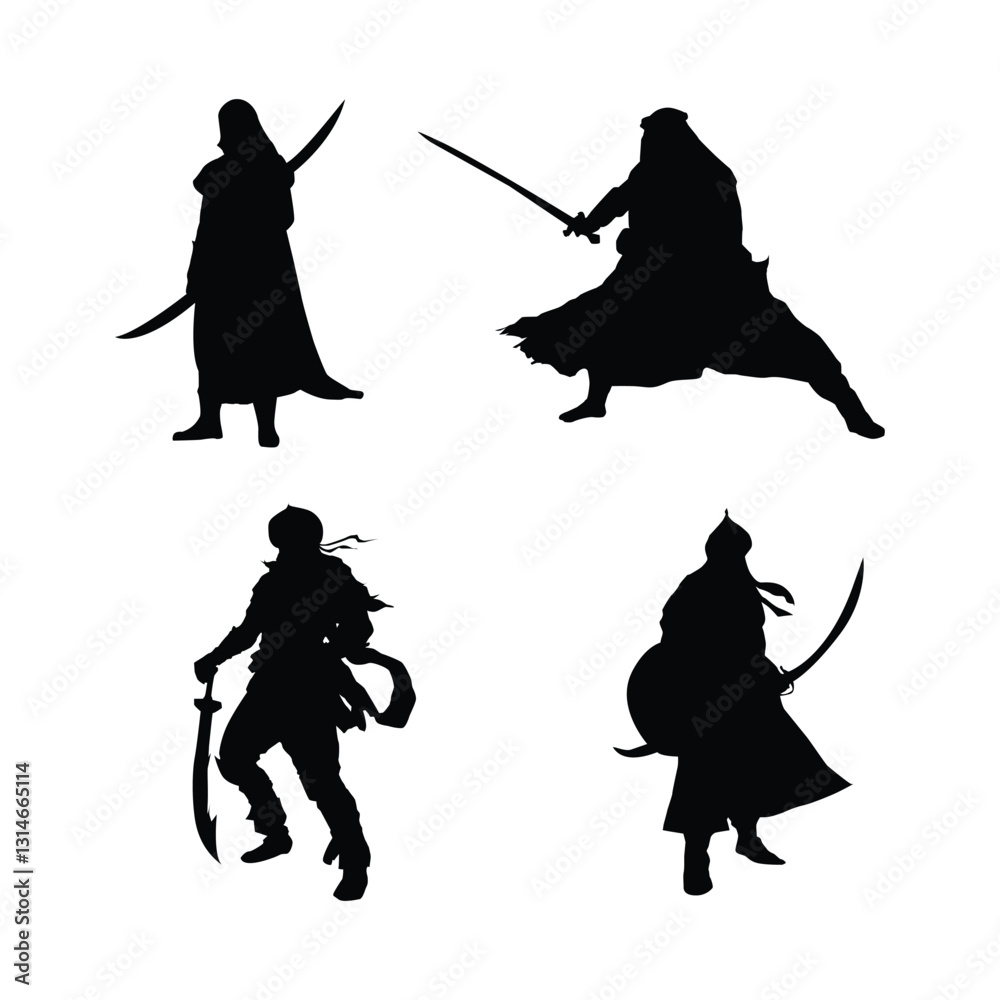 Obraz premium Arabic warriors and sultans black silhouettes illustration on white background Vol 03