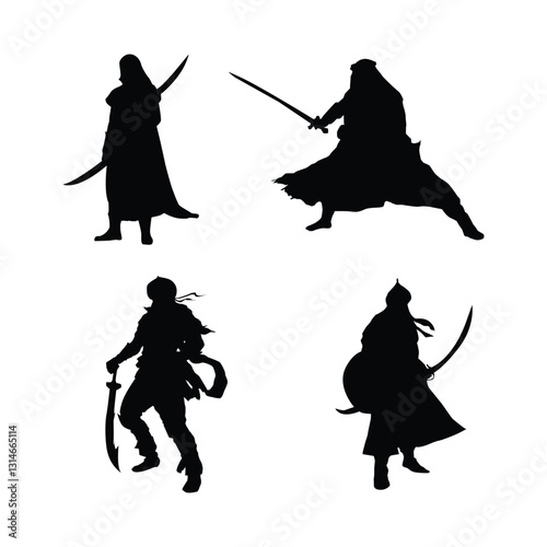 Arabic warriors and sultans black silhouettes illustration on white background Vol 03