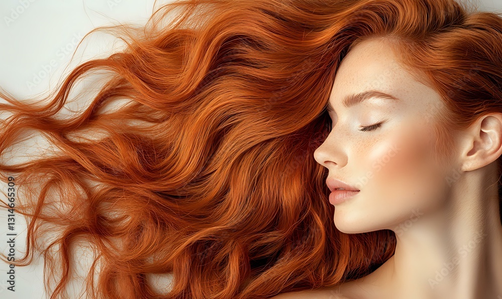 Obraz premium Young woman with flowing red wavy hair against light background, eyes closed in serene expression, showing natural beauty and healthy glowing skin.