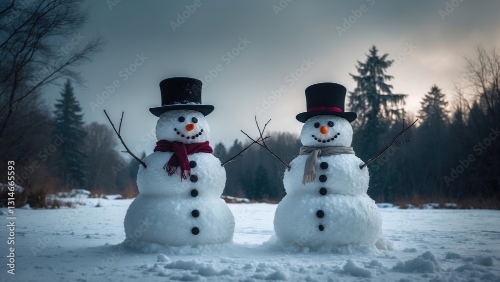 Obraz premium Two snowmen are positioned in the snow against a winter backdrop.