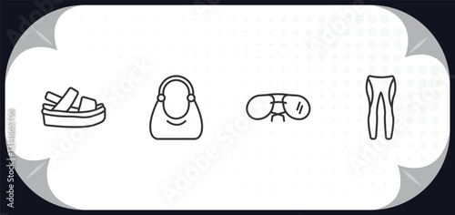 outline icons set - clothes concept. platform sandals, hobo bag, pilot sunglasses, leggins.