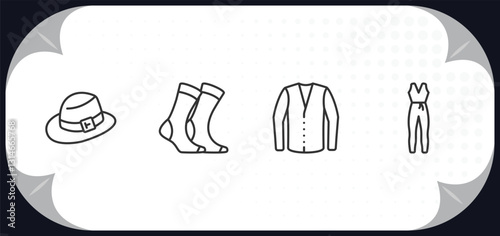 outline icons set - clothes concept. men hat, women socks, cotton cardigan, jumpsuit.