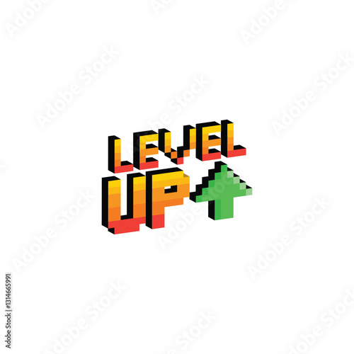 isometric level up button 8 bit text level up Pixel art 8-bit for game you win