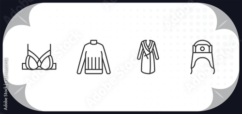 outline icons set - clothes concept. brassiere, turtleneck, housecoat, ushanka.