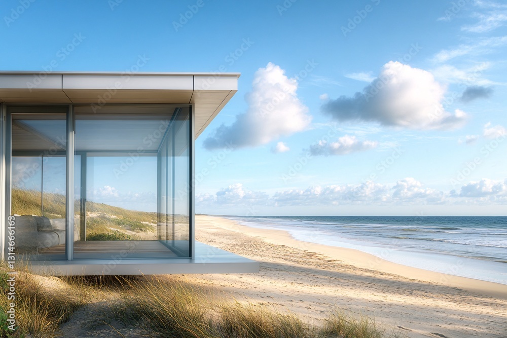A Serene Coastal Sanctuary Overlooking A Tranquil Ocean Beach, Bathed In Soft Sunlight And Framed By A Minimalist Glass Pavilion A Serene Coastal Sanctuary Overlooking A Tranquil Ocean Beach, Bathed In Soft Sunlight And Framed By A Minimalist Glass Pavilion