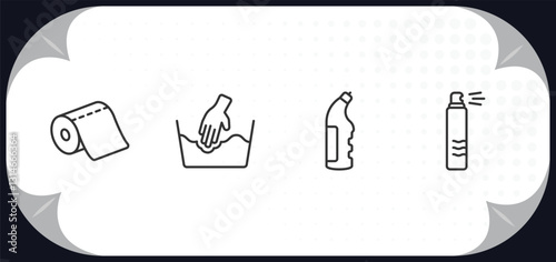 outline icons set - cleaning concept. paper roll, delicate, bleach, air freshener.