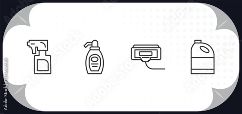 outline icons set - cleaning concept. wiping sprayer, cream cleanin, compress cleanin, bleach cleanin.