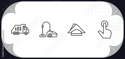 outline icons set - cleaning concept. garbage truck, hoover, serviette, tap.