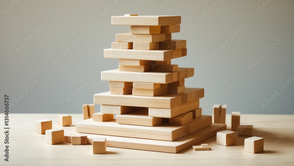 Game of wooden block tower on a light backdrop. Tower of unevenly arranged wooden pieces. Lesson on coordination, logic, and dexterity. Home entertainment. Balance. Close-up. Space for text.