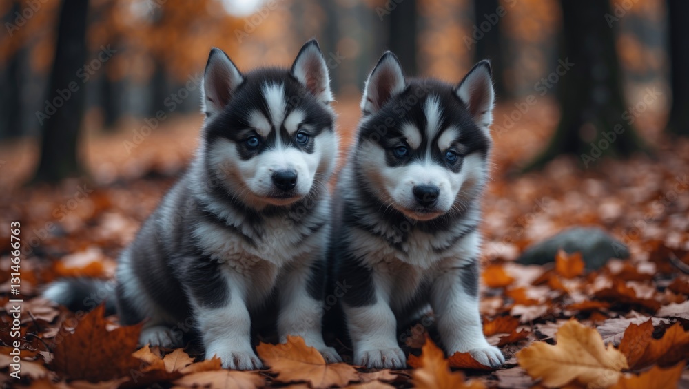 Two husky puppies surrounded by autumn leaves Two husky puppies surrounded by autumn leaves