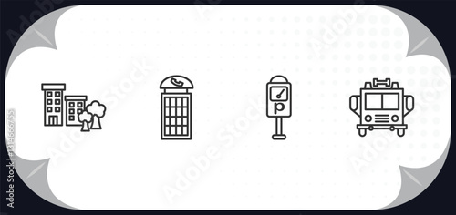 outline icons set - city elements concept. apartment, phone booth, parking meter, fire truck.
