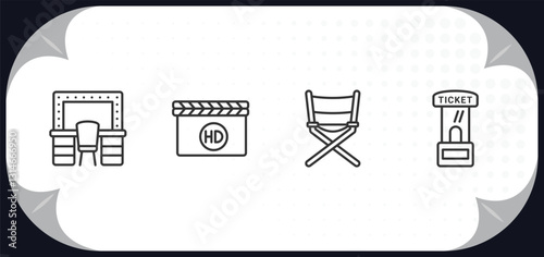 outline icons set - cinema concept. dressing room, movie film, film director, ticket window.