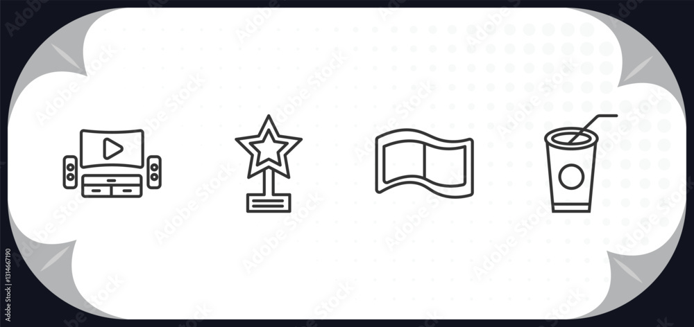 outline icons set - cinema concept. home theater, star movie award, film negatives, papper cup with straw.