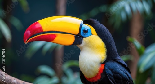 Horizontal portrait study of a Toco toucan at a bird park.