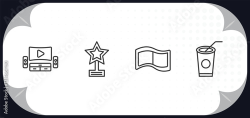 outline icons set - cinema concept. home theater, star movie award, film negatives, papper cup with straw.