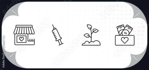 outline icons set - charity concept. charity shop, vaccine, reforestation, cash box.