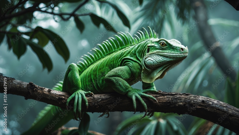 Fototapeta premium Closeup of a green iguana resting on a branch.