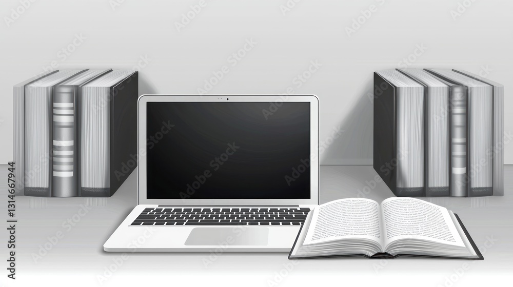 Laptop open book library study workspace Laptop open book library study workspace