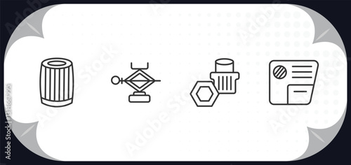 outline icons set - car parts concept. car oil filter, car jack, wheel nut, glove compartment.