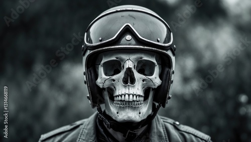 Image of a classic skull donning a helmet. Biker's deceased head in monochromatic tones.