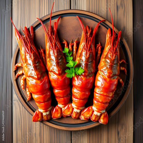 Fresh raw giant red carabineros prawns on a wooden board